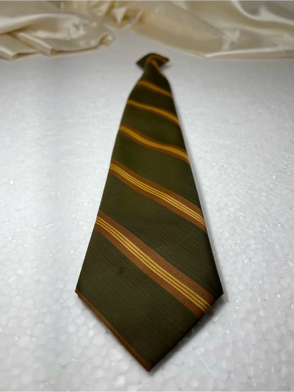Men’s Striped Clip-On Necktie – Olive Green, Brown & Gold